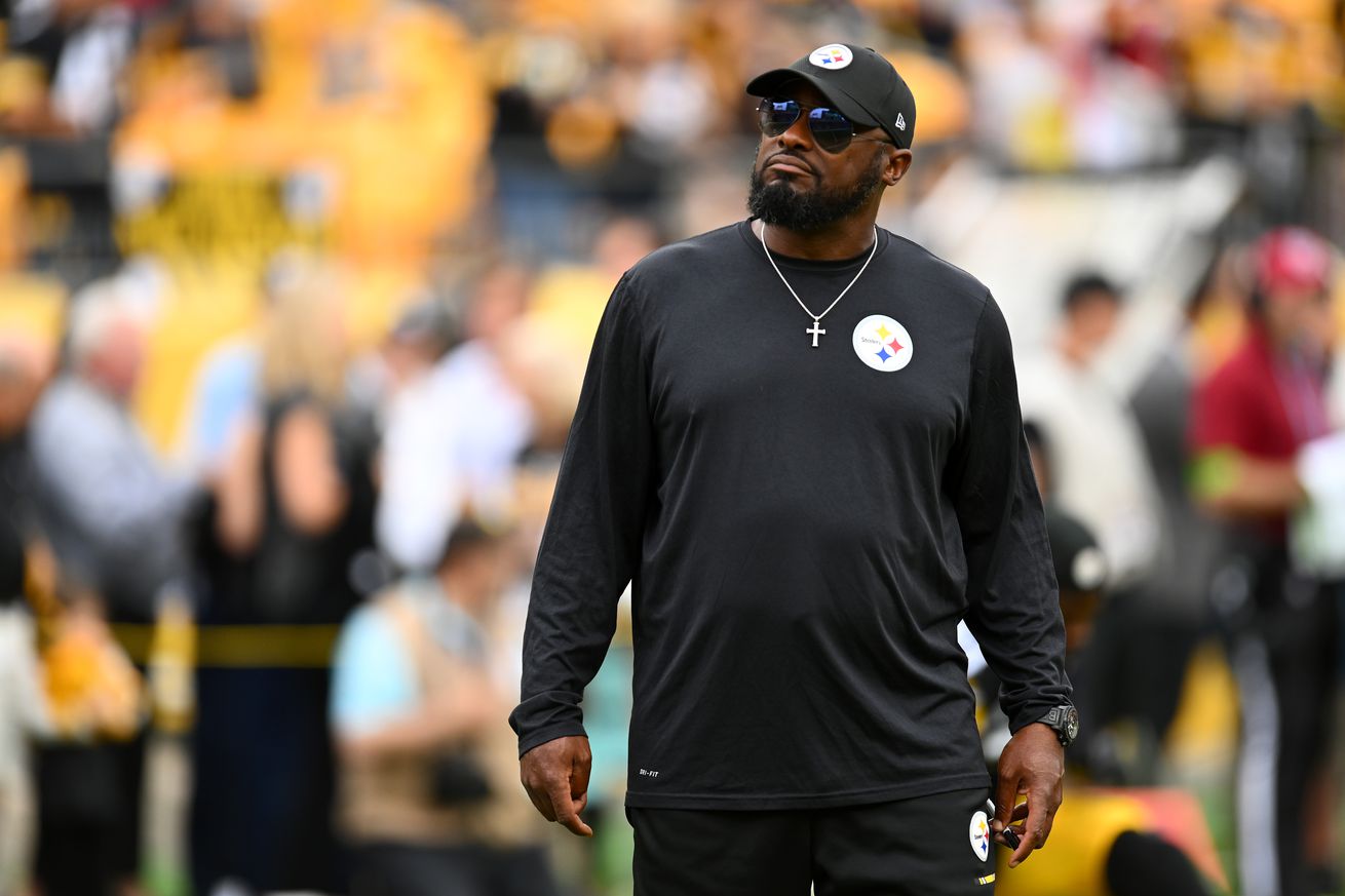 Head coach Mike Tomlin of the Pittsburgh Steelers looks on prior to a game against the San Francisco 49ers at Acrisure Stadium on September 10, 2023 in Pittsburgh, Pennsylvania.