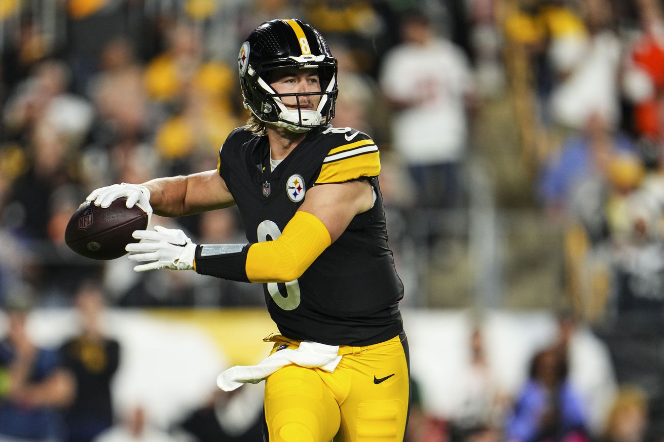 Kenny Pickett #8 of the Pittsburgh Steelers throws the ball at Acrisure Stadium on September 18, 2023 in Pittsburgh, Pennsylvania.