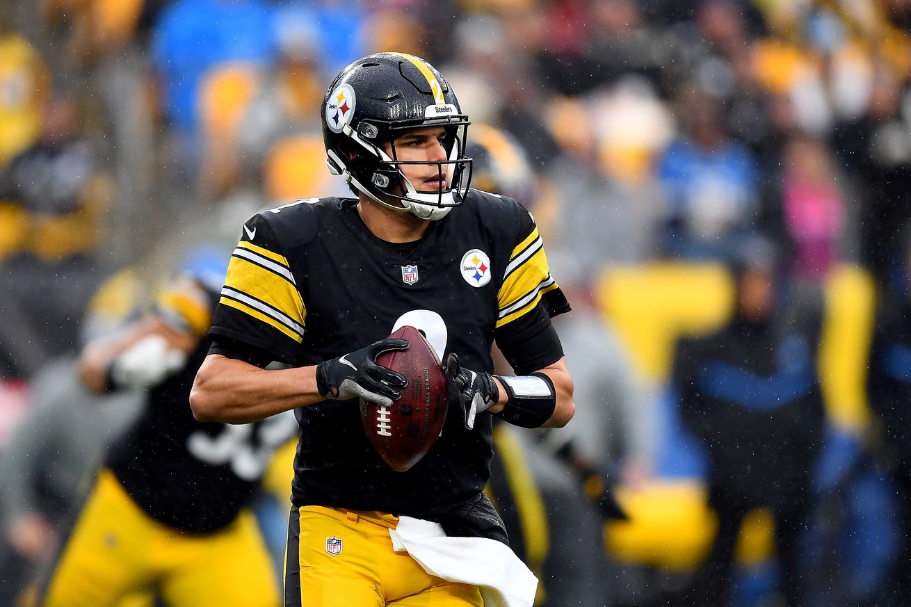 Mason Rudolph #2 of the Pittsburgh Steelers looks to make a pass play against the Detroit Lions in the third quarter at Heinz Field on November 14, 2021 in Pittsburgh, Pennsylvania.