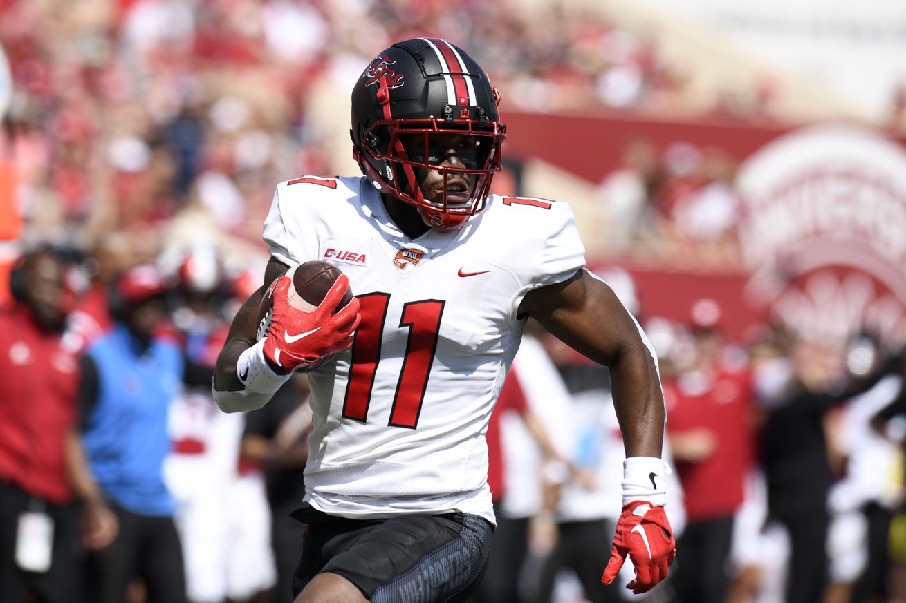 Western Kentucky Hilltoppers wide receiver Malachi Corley (11) advances the ball during the college football game between the Western Kentucky Hilltoppers and the Indiana Hoosiers on September 17, 2022, at Memorial Stadium in Bloomington, Indiana.