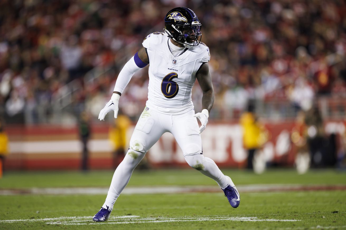 Patrick Queen #6 of the Baltimore Ravens defends in coverage during an NFL football game against the San Francisco 49ers at Levi’s Stadium on December 25, 2023 in Santa Clara, California.