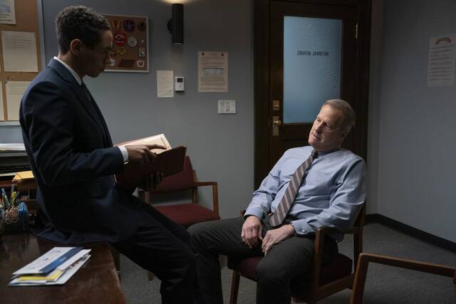 Kyle Beltranas as Detective Fisher and Jeff Daniels as Detective Del Harris in “American Rust: Broken Justice.”
