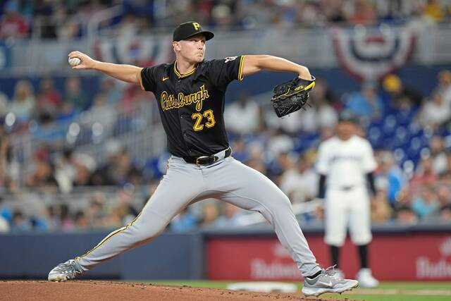 The Pirates’ Mitch Keller deliversduring the first inning against the Marlins on Thursday in Miami.