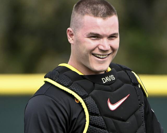 Pirates catcher Henry Davis smiles during a workout Feb. 16 at Pirate City in Bradenton.