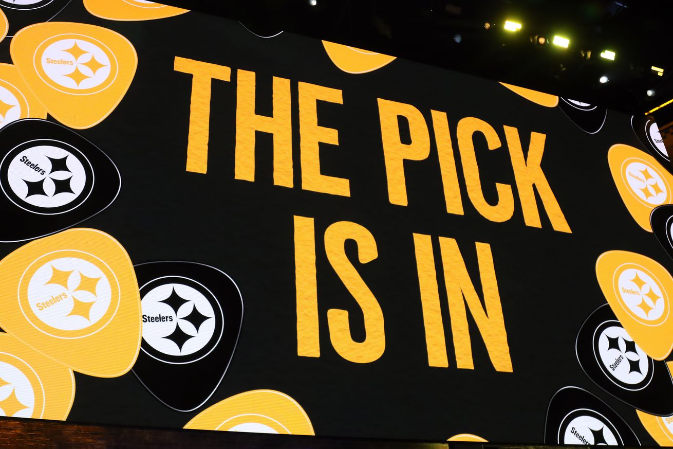 The video board shows the Pittsburgh Steelers have made a selection during the first round of the 2019 NFL Draft on April 25, 2019, at the Draft Main Stage on Lower Broadway in downtown Nashville, TN.