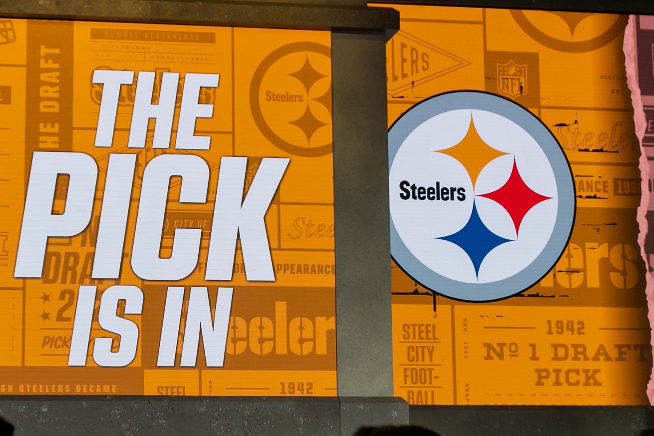 The pick graphic for the Pittsburgh Steelers on display during Round One of the 2023 NFL Draft at Union Station in Kansas City, MO.