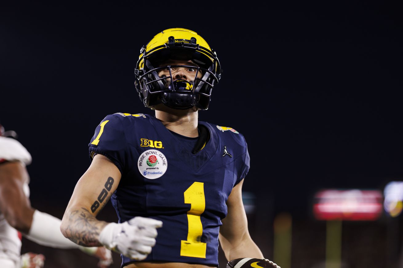 Wide receiver Roman Wilson #1 of the Michigan Wolverines celebrates after scoring a touchdown during the CFP Semifinal Rose Bowl Game against the Alabama Crimson Tide at Rose Bowl Stadium on January 1, 2024 in Pasadena, California.