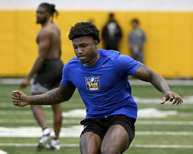 Pitt receiver Bub Means works out at Pitt’s pro day.