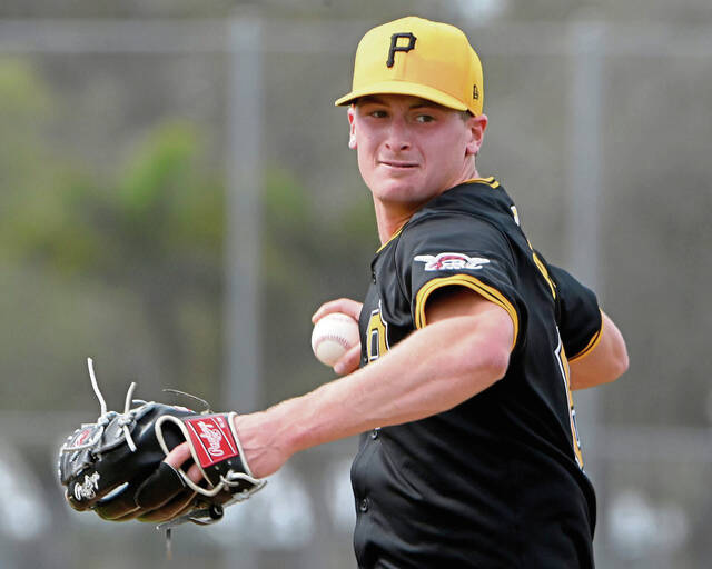 Pirates pitcher Quinn Priester throws during a workout on Friday, Feb. 16, 2024, at Pirate City.