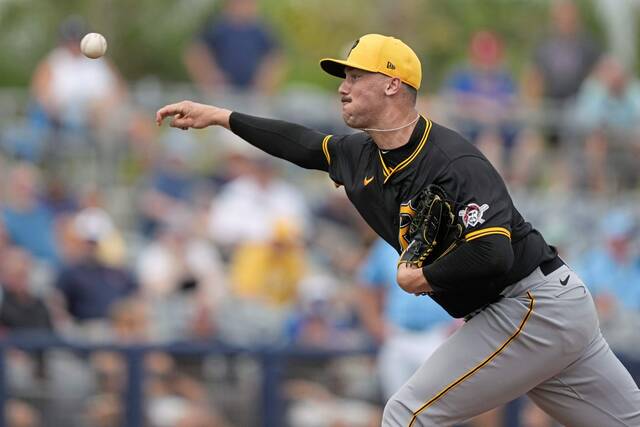 Pirates pitcher Paul Skenes throws March 4 in the fourth inning of a spring training game in Port Charlotte, Fla.