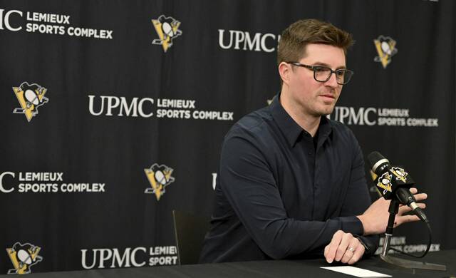 Penguins president of hockey operations Kyle Dubas speaks the the media Friday, April 19, 2024 at UPMC Lemieux Sports Complex.