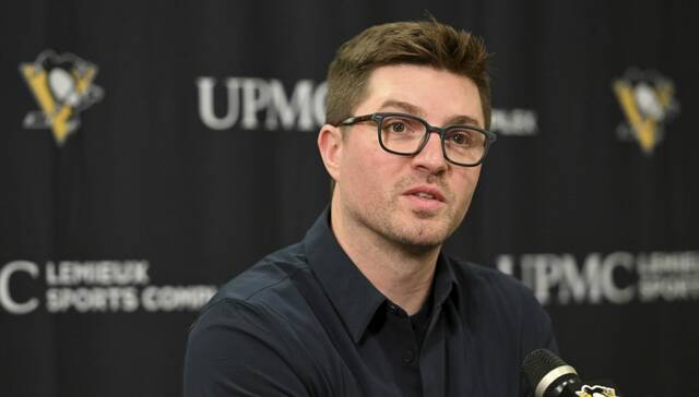 Penguins President of hockey operations Kyle Dubas speaks the the media Friday, April 19, 2024 at UPMC Lemieux Sports Complex.