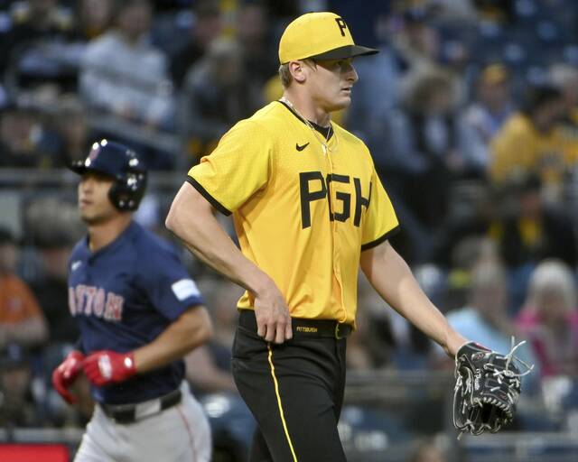 Pirates pitcher Quinn Priester walks back to the mound after giving up a home run to Boston’s Rob Refsnyder during the fifth inning on Friday, Apr. 19, 2024, at PNC Park.