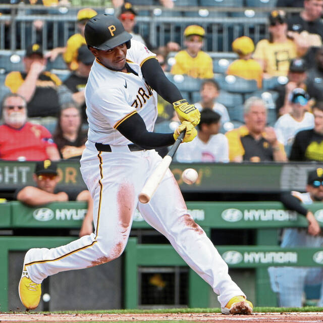 Pirates third baseman Ke’Bryan Hayes connects on a single during the first inning against the Tigers on Tuesday, Apr. 9, 2024, at PNC Park.