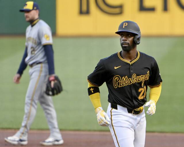 Pirates designated hitter Andrew McCutchen went 3-for-4 batting in the lead-off spot against the Brewers on Monday, Apr. 22, 2024, at PNC Park.