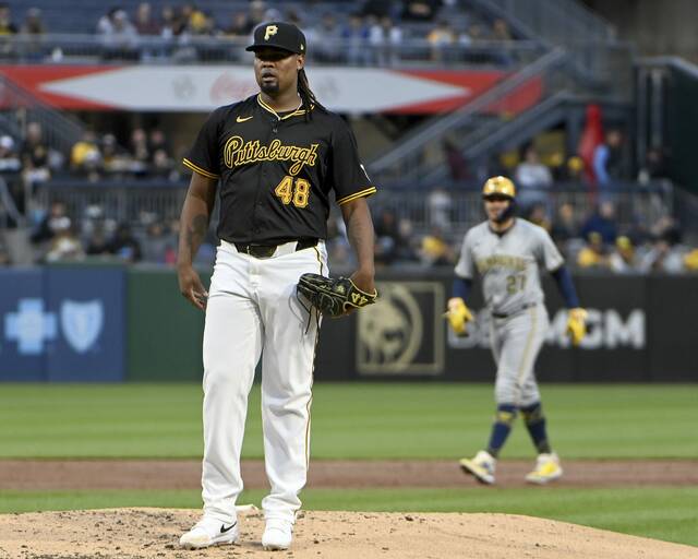 Pirates pitcher Luis Ortiz reacts on the mound after giving up a bases-loaded walk during the third inning against the Brewers on Wednesday.