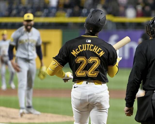 Pirates pinch hitter Andrew McCutchen strikes out to end the game against the Brewers on Wednesday, Apr. 24, 2024, at PNC Park.