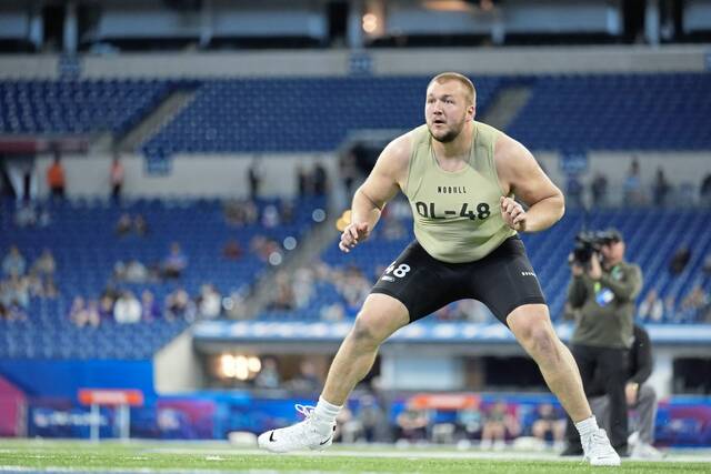 South Dakota State guard Mason McCormick runs a drill at the NFL combine last month in Indianapolis. He was selected in the fourth round by the Pittsburgh Steelers.