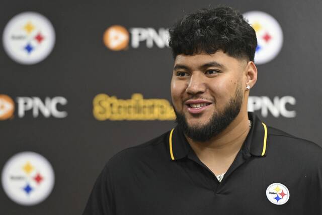 Steelers first round pick Troy Fautanu speaks to the media Friday, April 26, 2024 at UPMC Rooney Sports Performance Complex.