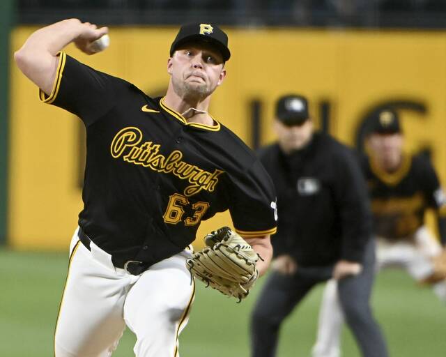 Pirates reliever Hunter Stratton pitches during the eighth inning against the Brewers on Monday, Apr. 22, 2024, at PNC Park.