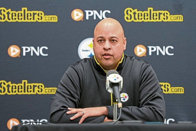 Steelers general manager Omar Khan speaks April 22 at a press conference at the UPMC Rooney Sports Complex.
