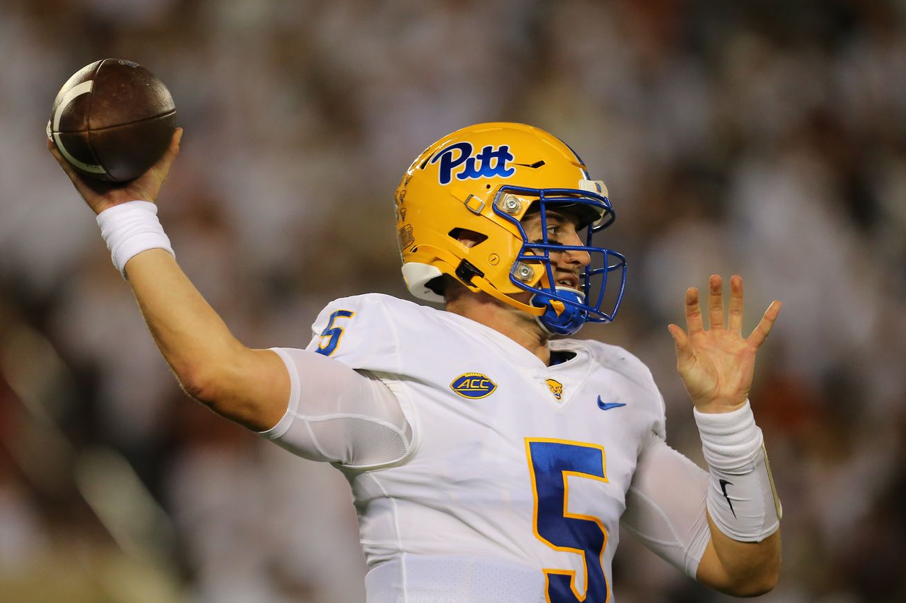 Pittsburgh Panthers Quarterback Phil Jurkovec (5) throws a pass from the pocket during a college football game between the Pitt Panthers and the Virginia Tech Hokies on September 30, 2023, at Lane Stadium in Blacksburg, VA.