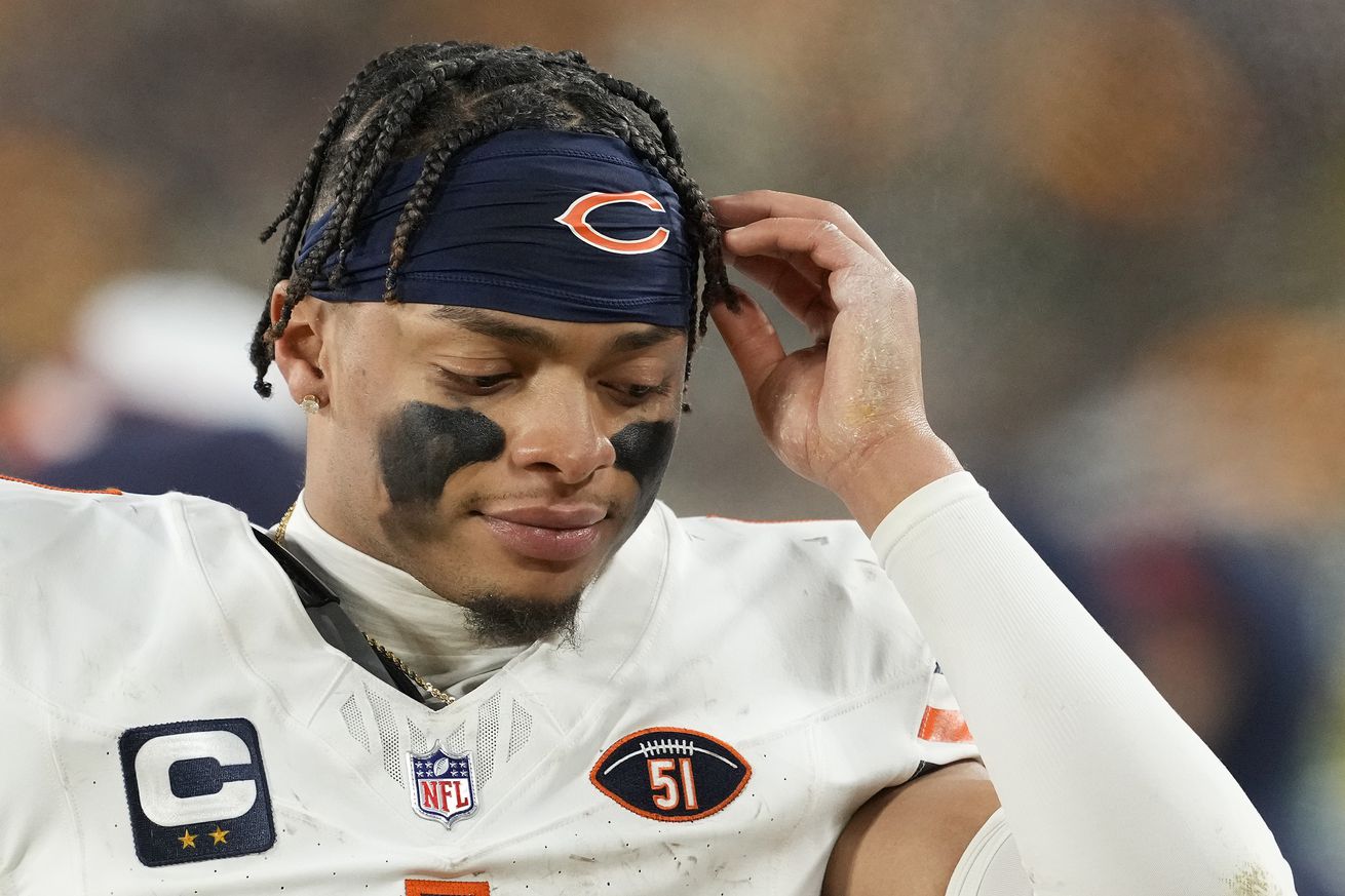 Justin Fields #1 of the Chicago Bears reacts on the sideline in the second half against the Green Bay Packers at Lambeau Field on January 07, 2024 in Green Bay, Wisconsin.