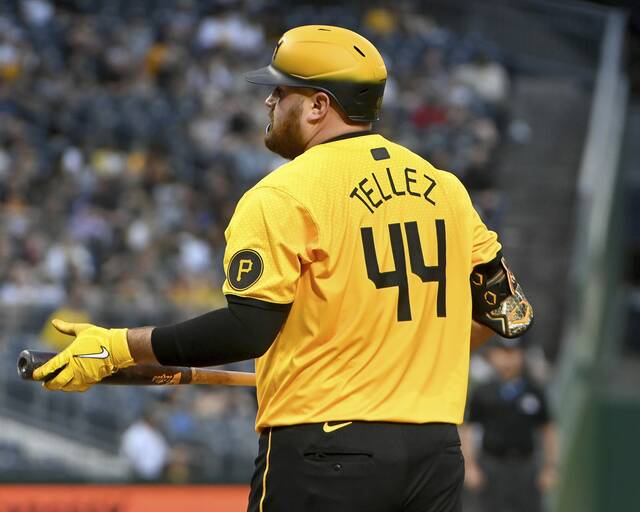 Pirates first baseman Rowdy Tellez returns to the dugout after striking out against the Rockies on Friday, May 3, 2024, at PNC Park.