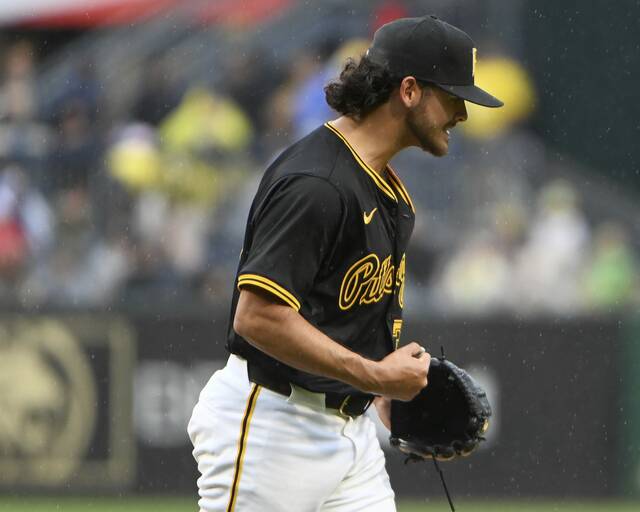 Pirates pitcher Jared Jones pumps his fist after striking out the Rockies Ryan McMahon during the seventh inning on Saturday, May 4, 2024, at PNC Park.