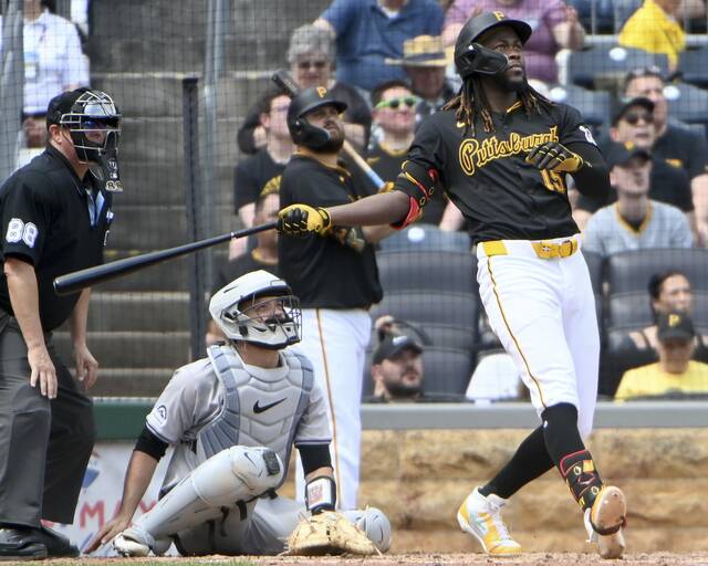 Pirates shortstop Oneil Cruz watches his two-run home run during the sixth inning against the Rockies on Sunday, May 5, 2024, at PNC Park.