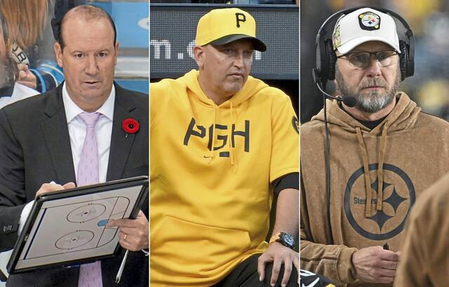 From left: former Penguins assistant coach Todd Reirden, Pirates hitting coach Andy Haines and former Steelers offensive coordinator Matt Canada