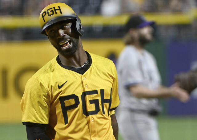 Pirates designated hitter Andrew McCutchen reacts after striking out with runners on base to end the eighth inning against the Rockies on Friday, May 3, 2024, at PNC Park.