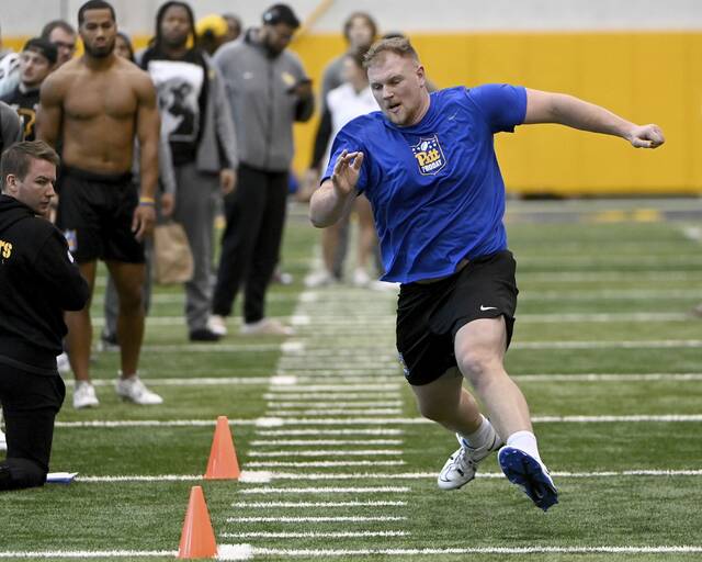 Pitt lineman Jake Kradel works out at Pitt Pro Day on Wednesday, Mar. 27, 2024, on the South Side.