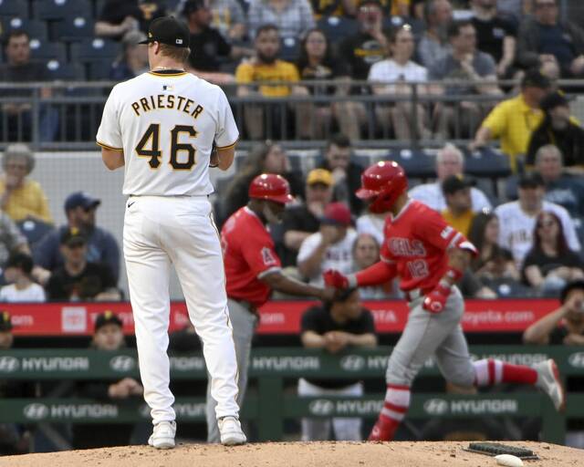 Pirates pitcher Quinn Priester stands on the mound after giving up a 3-run homer to the Angels’ Kevin Pillar during the fourth inning on Tuesday, May 7, 2024, at PNC Park.