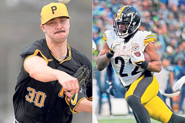 Pirates pitcher Paul Skenes (left), and Steelers running back Najee Harris
