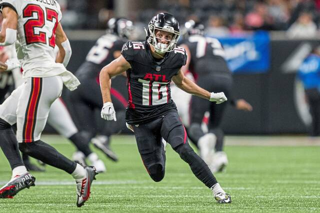 Atlanta Falcons wide receiver Scotty Miller (16) runs a route during the second half of an NFL football game against the Tampa Bay Buccaneers, Sunday, Dec. 10, 2023, in Atlanta.