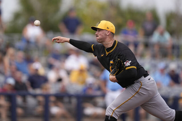 Pittsburgh Pirates pitcher Paul Skenes throws in the fourth inning of a spring training game against the Tampa Bay Rays in Port Charlotte, Fla.