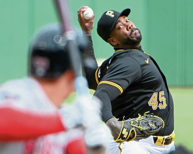 Pirates reliever Aroldis Chapman pitches during the eighth inning against the Red Sox on Saturday, Apr. 20, 2024, at PNC Park.
