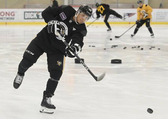 The Penguins’ Blake Lizottie during practice Sept. 18, 2024 at UPMC Lemieux Sports Complex.