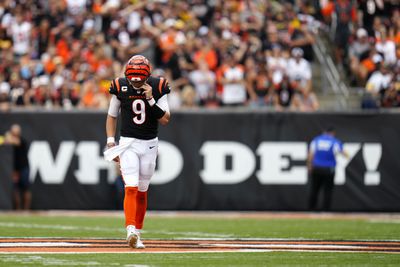 Cincinnati Bengals quarterback Joe Burrow walks the field between plays during a 2022 regular season contest against the Pittsburgh Steelers from Paycor Stadium.