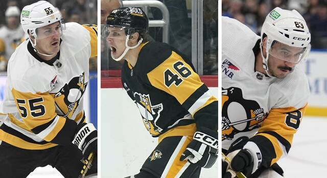 Penguins forwards (left to right) Noel Acciari, Blake Lizotte and Matt Nieto.