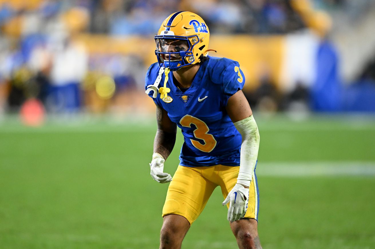 Donovan McMillon #3 of the Pittsburgh Panthers lines up against the North Carolina Tar Heels at Acrisure Stadium on September 23, 2023 in Pittsburgh, Pennsylvania.