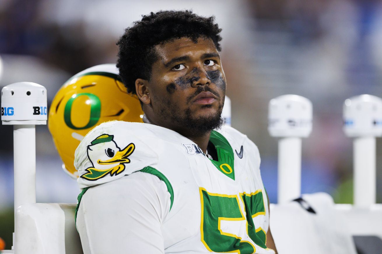 Derrick Harmon #55 of the Oregon Ducks on the sideline during the second half against UCLA Bruins at Rose Bowl on September 28, 2024 in Pasadena, California.