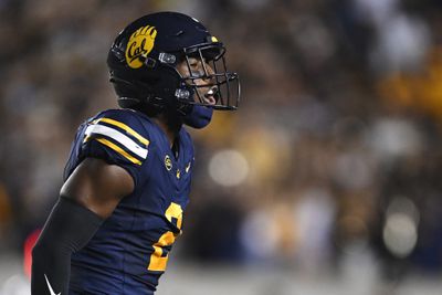 Craig Woodson #2 of the California Golden Bears celebrates against the Miami Hurricanes in the second quarter at California Memorial Stadium on October 05, 2024 in Berkeley, California.
