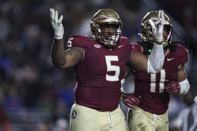 Joshua Farmer #5 of the Florida State Seminoles reacts during the second half of a game against the Florida Gators at Doak Campbell Stadium on November 30, 2024 in Tallahassee, Florida.