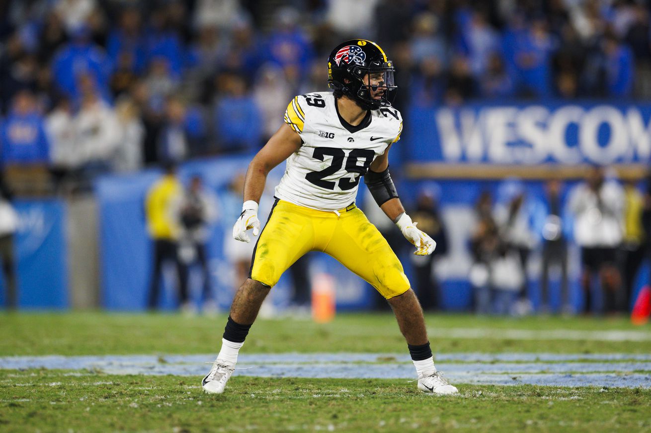Sebastian Castro #29 of the Iowa Hawkeyes defends during the second half game against UCLA Bruins at Rose Bowl Stadium on November 8, 2024 in Pasadena, California.