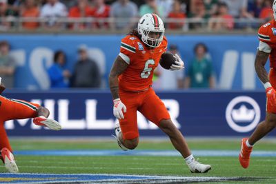 Miami Hurricanes running back Damien Martinez (6) rushes with the ball during the Pop-Tarts Bowl game between the Iowa State Cyclones and the Miami Hurricanes on Saturday, December 28, 2024 at Camping World Stadium in Orlando, Fla.
