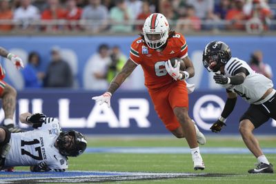 Miami Hurricanes running back Damien Martinez (6) rushes with the ball during the Pop-Tarts Bowl game between the Iowa State Cyclones and the Miami Hurricanes on Saturday, December 28, 2024 at Camping World Stadium in Orlando, Fla.