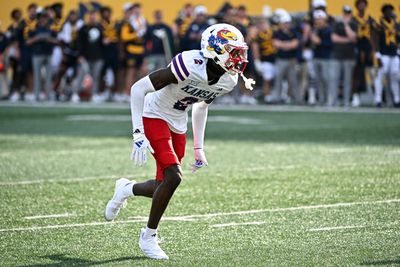 Cobee Bryant #2 of the Kansas Jayhawks in action during the second half against the West Virginia Mountaineers at Milan Puskar Stadium on September 21, 2024 in Morgantown, West Virginia.