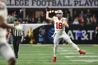 Will Howard #18 of the Ohio State Buckeyes looks to pass against the Notre Dame Fighting Irish during the first half of the 2025 College Football Playoff National Championship held at Mercedes-Benz Stadium on January 20, 2025 in Atlanta, Georgia.